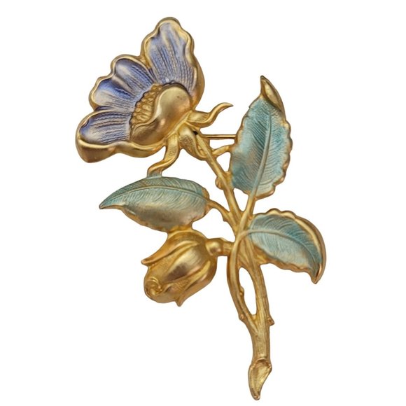 Matte Gold Tone Repousse Periwinkle Pastel Green Enamel Flower Brooch Pin E614 - Picture 2 of 8